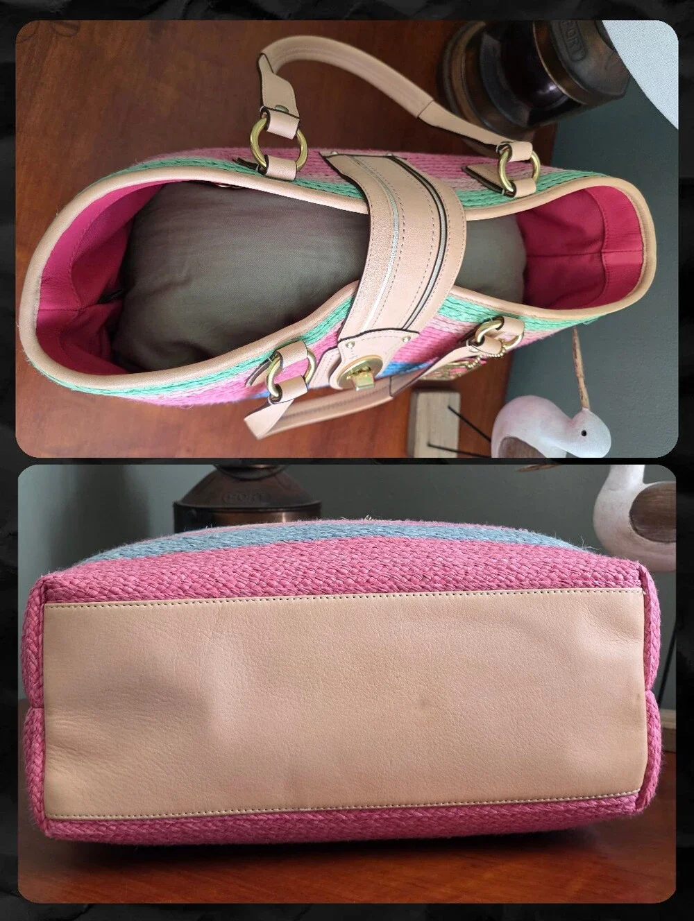 Coach 19361 Hamptons Multicolor Striped Straw Tote Bag Pink Blue Tan Leather Y2K